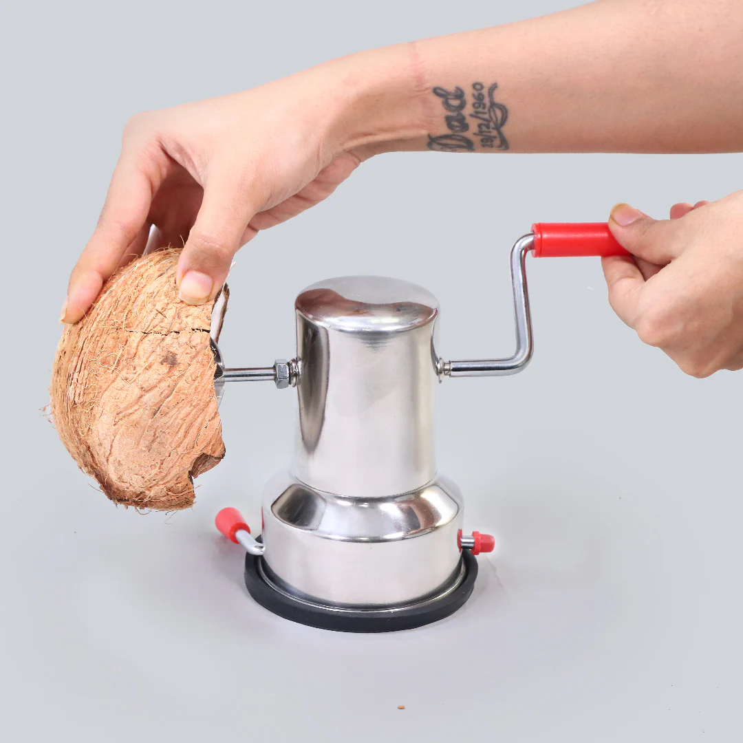 Click to zoom in Stainless Steel Coconut Scraper for Kitchen, Vacuum Base, Rotatable Handle, Manual Operation, Silver