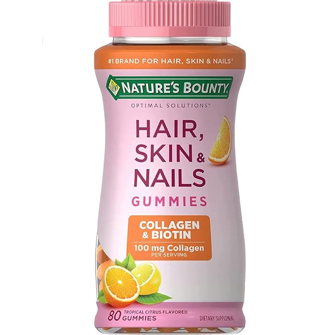 Nature's Bounty Hair, Skin & Nails with Biotin and Collagen, Citrus-Flavored Gummies Vitamin Supplement, Supports Hair, Skin, and Nail Health for Women, 2500 mcg, 80 Count...