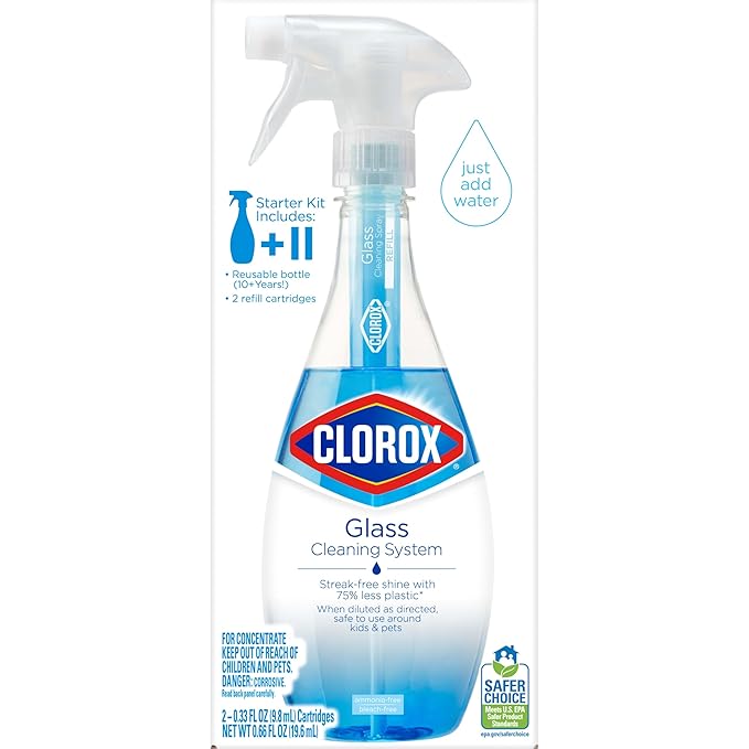 Clorox Glass Cleaner Cleaning Kit, 1 Reusable Bottle Plus 2 Refill Cartridges, Multi-Surface Cleaner, Home Cleaning Kit, 3 Piece Set