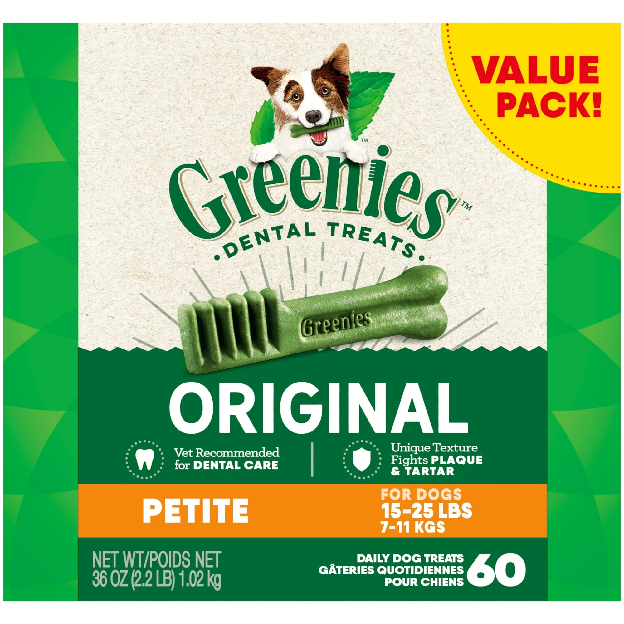 Greenies Original Petite Natural Dental Care Dog Treats, 36 Oz Pack (60 Treats)
